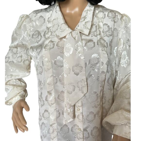 Vintage JOZELL Puff Sleeve 80's cream floral print blouse with necktie size 9/10 - Picture 3 of 16